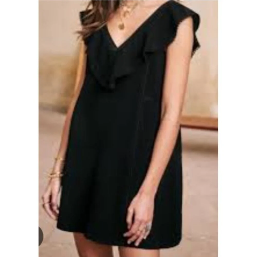 Sézane Black Sleeveless Ruffle V-Neck Dress Size 40 / M Elegant Parisian Style - Picture 4 of 10